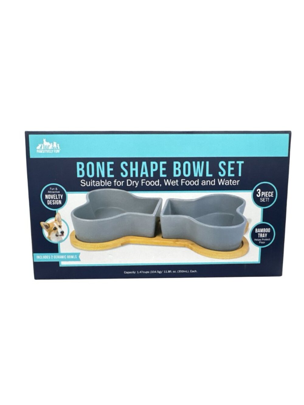 Bone Shape Bowl Set For Dogs & Cats 2 Ceramic Bowls With Bamboo Tray Suitable Fo - Picture 2 of 7
